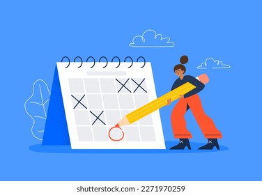 A tired woman postpones a deadline in the schedule. Planning tasks, events, and reminders. Overworked, and burnout concept. Flat-style vector illustration on the background.