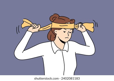 Tired woman puts on headband to complete task or demonstrate readiness to deal with business problems. Upset business lady wants to continue fulfilling duties despite troubles causing stress