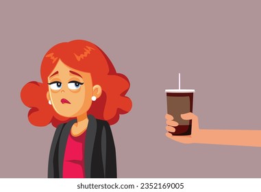 
Tired Woman Receiving a Cup of Coffee from a Friend Vector Cartoon illustration. Person helping his co-worker who has a strict deadline 
