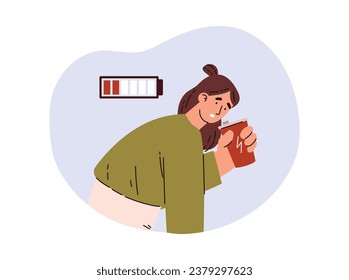 Tired woman replenishes energy level with energy caffeine drink, flat vector illustration isolated on white background. Energy drink to provide a boost of strength.