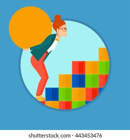 Tired woman rising up on the colored cubes and carrying a big stone on her back. Young woman with huge concrete ball going up. Vector flat design illustration in the circle isolated on background.
