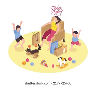 Tired woman and screaming children in messy room isometric vector illustration