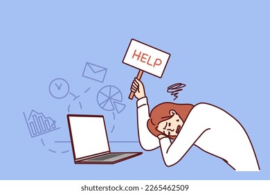 Tired woman showing help sign, lying down on table after having experienced burnout. Unhappy girl suffers from burnout and lack of motivation, exhausted and as result of regular overwork and overload