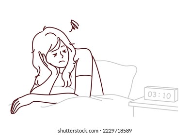 Tired woman sit in bed look at alarm ringing suffer from fatigue and exhaustion. Exhausted female struggle with insomnia unable to sleep at night. Vector illustration. 