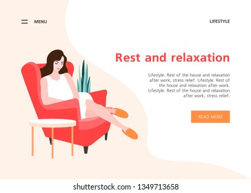 Tired woman sitting in a comfortable armchair on a white background. Rest and relaxation at home. Vector flat illustration