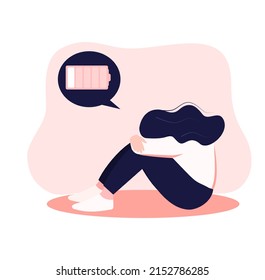 A tired woman sitting with the discharged battery in the thought. Concept of mental disorder, emotional burnout or mental depression. Flat vector. Eps 10