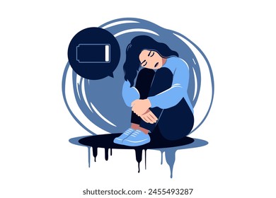 Tired woman sitting with a discharged battery in the thoughts. Concept emotional burnout or mental disorder. Vector flat