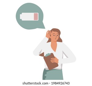 Tired woman sitting and hugging her knees with a discharged battery in the thoughts. Fatigued female is in emotional burnout or mental disorder. Vector illustration