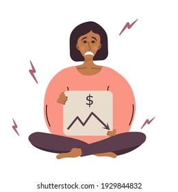 A tired woman sitting in a lotus position with a sign in her hands, lost money . A tired woman is in a state of stress due to bankruptcy. Vector illustration isolated on a white background.