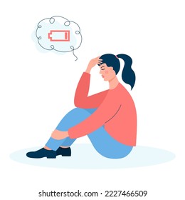 Tired woman sitting with a low battery in her thoughts. Emotional burnout, mental disorder, mental health issues, exhausted, stress, crisis, burnout syndrome, problems at work concept.