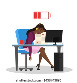 Tired woman sitting in office at the table. Bored worker at the workplace. Sleepy exhausted girl and many work. Vector illustration in cartoon style