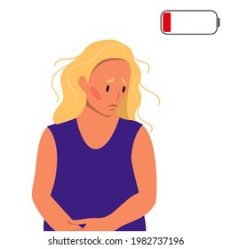 Tired woman sitting on the floor. Concept of emotional burnout or mental disorder. Colorful flat illustration in cartoon style.
