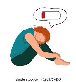 Tired woman sitting on the floor. Concept of emotional burnout or mental disorder. Colorful flat illustration in cartoon style.