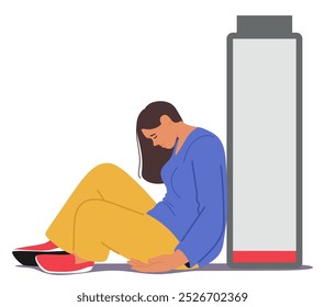 Tired Woman Sitting On The Floor With Her Head Down Next To An Empty Battery Icon Representing Exhaustion And Lack Of Energy. Female Character Experiences Burnout. Cartoon People Vector Illustration