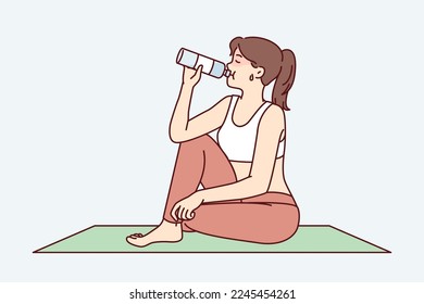 Tired woman sitting on yoga mat and drinking water in time for break between exercises or getting ready for meditation. Girl athlete is resting on rug for fitness and sports. Flat vector design 