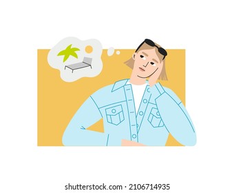 Tired woman sitting at a table and dreaming of vacation. Financial planning, journey, trip, money, freedom, world, beach, sea, traveling. Vector illustration.
Dreams, expectations, plans, future.