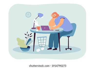 Tired woman sitting at table on work flat vector illustration. Cartoon exhausted female character working on laptop computer. Professional burnout syndrome and overload concept