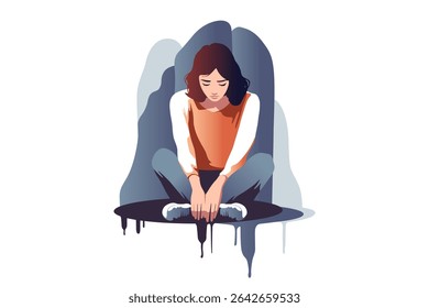 Tired woman sitting and thinking over problems. Concept emotional burnout or mental disorder. Vector flat