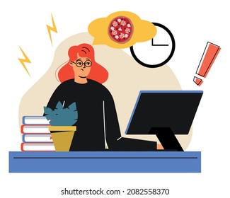 Una mujer cansada está sentada en el trabajo. Una mujer sueña con pizza en el trabajo. Fatiga, agotamiento emocional. Una mujer está sentada en una computadora, en un lugar de trabajo. Ilustración del vector