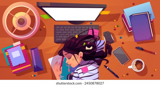 La mujer cansada duerme en el Vector del escritorio de la computadora de oficina. Agotada, estresada y fatigada trabajadora con baja motivación. Desordenada mesa de estudiantes y el carácter femenino burnout. Horas extras y falta de energía dama