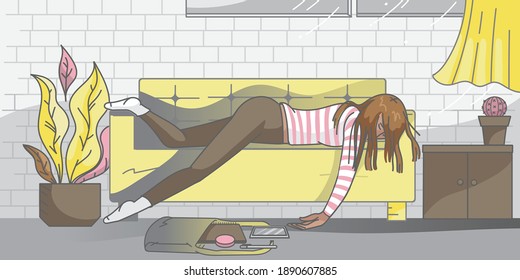 Tired woman sleep on sofa. Hand drawn style vector design illustrations.
