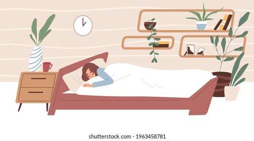 Tired woman sleeping in comfortable bed under blanket in bedroom. Person dreaming in cozy room. Bedtime concept. Colored flat vector illustration of sleepy human isolated on white background