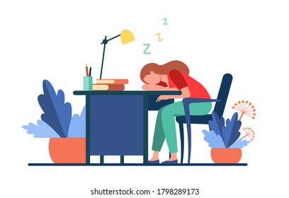 Tired woman sleeping during work at table. Desk, exhaustion, employee flat vector illustration. Workplace and occupation concept for banner, website design or landing web page