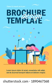 Tired woman sleeping during work at table. Desk, exhaustion, employee flat vector illustration. Workplace and occupation concept for banner, website design or landing web page