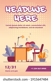 Tired woman sleeping during work at table. Desk, exhaustion, employee flat vector illustration. Workplace and occupation concept for banner, website design or landing web page