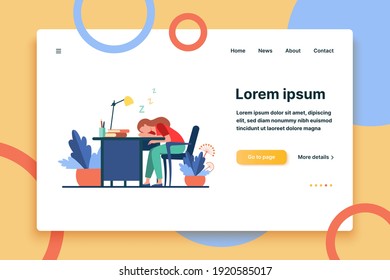 Tired woman sleeping during work at table. Desk, exhaustion, employee flat vector illustration. Workplace and occupation concept for banner, website design or landing web page