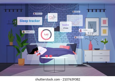tired woman sleeping with electronic smart watch app tracker on hand quality and quantity sleep control concept