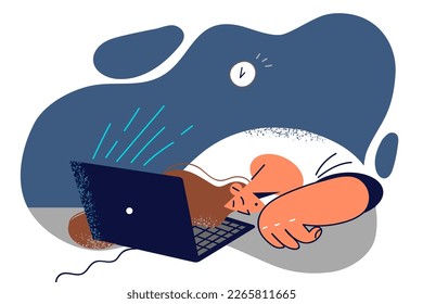 Tired woman sleeping with head resting on table near laptop after overworked and meeting critical deadlines. Overworked office employee suffers from strict deadlines leading to overwork and burnout 