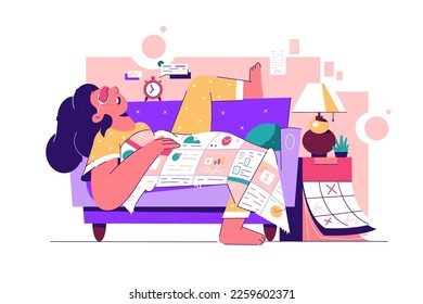 Tired woman sleeping on office couch vector illustration. Girl surrounded by work documents and reminders.