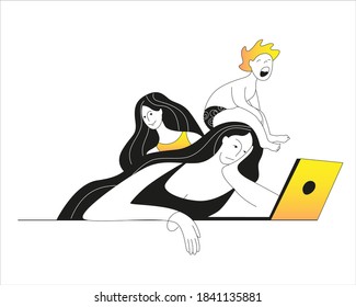 A tired woman sleeps by an open laptop. Vector illustration in outline style on the theme of workaholism and fatigue.