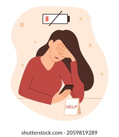 Mujer cansada con smartphone. La chica se sienta con la batería descargada y ayuda a firmar. Pedir apoyo, agotamiento, fatiga, infeliz, molesto. Dibujo vectorial plano de dibujos animados aislado en fondo blanco