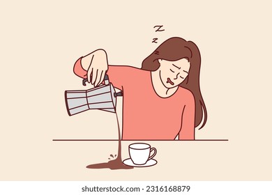 Tired woman spills coffee falling asleep during breakfast and needing vacation due to regular overtime. Sleepy girl suffers from chronic fatigue and needs coffee and caffeinated drinks.