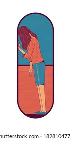 Tired woman standing inside large pill. Drug addiction and mental disorder cartoon concept. Flat duotone illustration