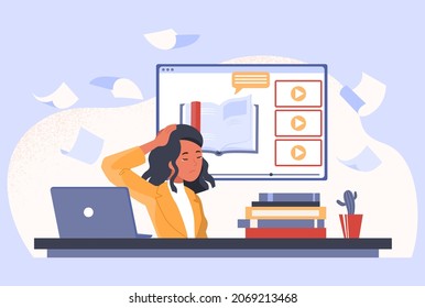 Tired woman studying concept. Young student crying because of emotional burnout or heavy preparation for exam. Fatigue female character. Depression or mental problems. Cartoon flat vector illustration