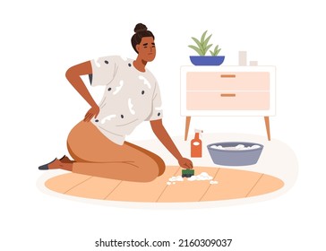 Tired woman suffering from back ache during housework. Exhausted housewife feeling bad at household chores, cleaning, washing carpet at home. Flat vector illustration isolated on white background