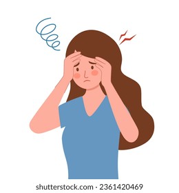 Tired woman suffering from dizziness and headache pain in flat design on white background.