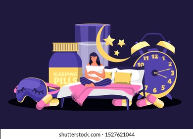 Tired woman suffering from insomnia. Vector flat cartoon illustration. Sleepless girl in night bedroom surrounded by alarm clock, sleeping pills, mask. Stress, depression and sleeping problems concept