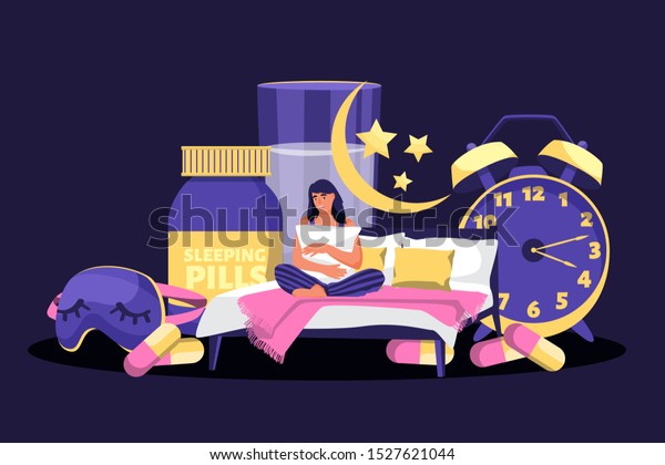不眠症に悩む疲れた女性 ベクター平面の漫画イラスト 寝室で眠れない女の子が目覚まし時計 睡眠薬 マスクに囲まれている ストレス うつ病 睡眠障害のコンセプト のベクター画像素材 ロイヤリティフリー