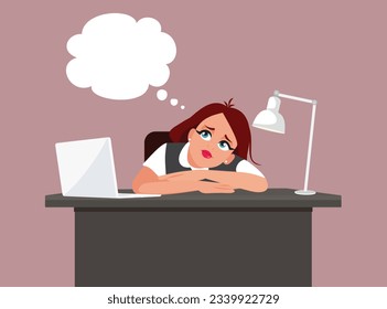 
Tired Woman Thinking of Something During Work Hours Vector cartoon. Unhappy office employee feeling sad and tired 
