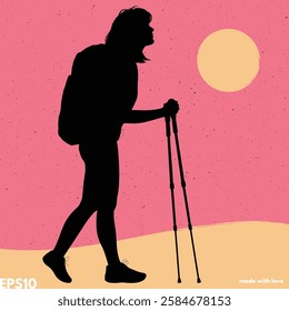 Tired woman with trekking poles silhouette. Vector abstract background