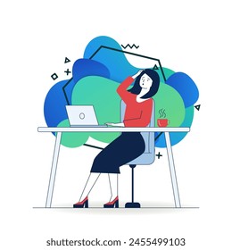 Tired woman using laptop. Female employee looking at screen and holding head flat vector illustration. Communication, bad news concept for banner, website design or landing web page