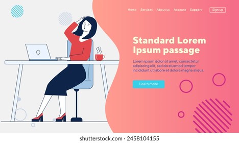 Tired woman using laptop. Female employee looking at screen and holding head flat vector illustration. Communication, bad news concept for banner, website design or landing web page