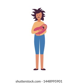 Tired woman with wild hair stans holding crying baby flat cartoon style, vector illustration isolated on white background. Exhausted mother with screaming child, postnatal depression