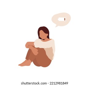 Mujer cansada sin energía. Burnout emocional, neurosis, estrés, exceso de trabajo, fatiga, ansiedad, agotamiento. El concepto de apoyo a la salud mental. La chica se sienta y abraza sus rodillas. Vector plano 