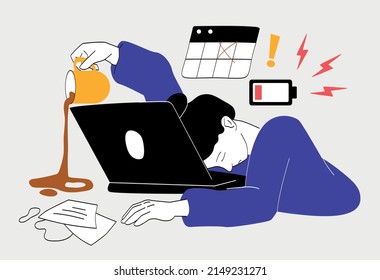 Tired woman at work. Girls sleep on included laptop, pouring coffee past mug. Emotional burnout, stress, overworked employee. Person with low battery charge. Cartoon flat vector illustration