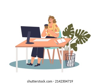 Tired woman worker drinking coffee at office workplace working overtime on computer. Exhausted female manager suffer from fatigue and tiredness. Cartoon flat vector illustration